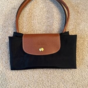 Longchamp Black Medium Nylon Shoulder Bag with Brown Leather Trim